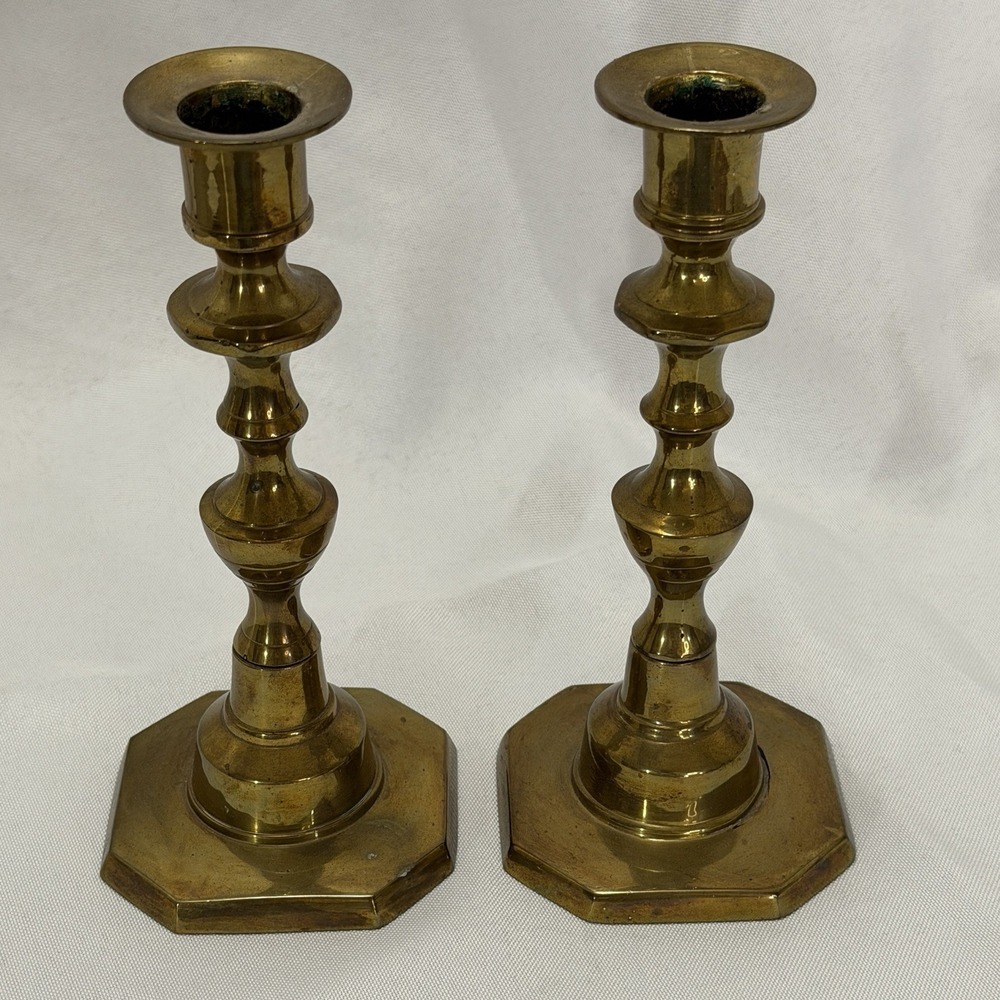 Vintage Brass Candlesticks Pair Octagonal Base‎ Taper Candle Stick Holders 6.75"